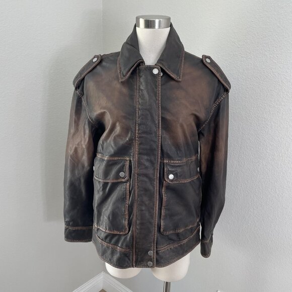 NEW Avec Les Filles Womens XS Vintage Wash Genuine Leather Aviator Jacket